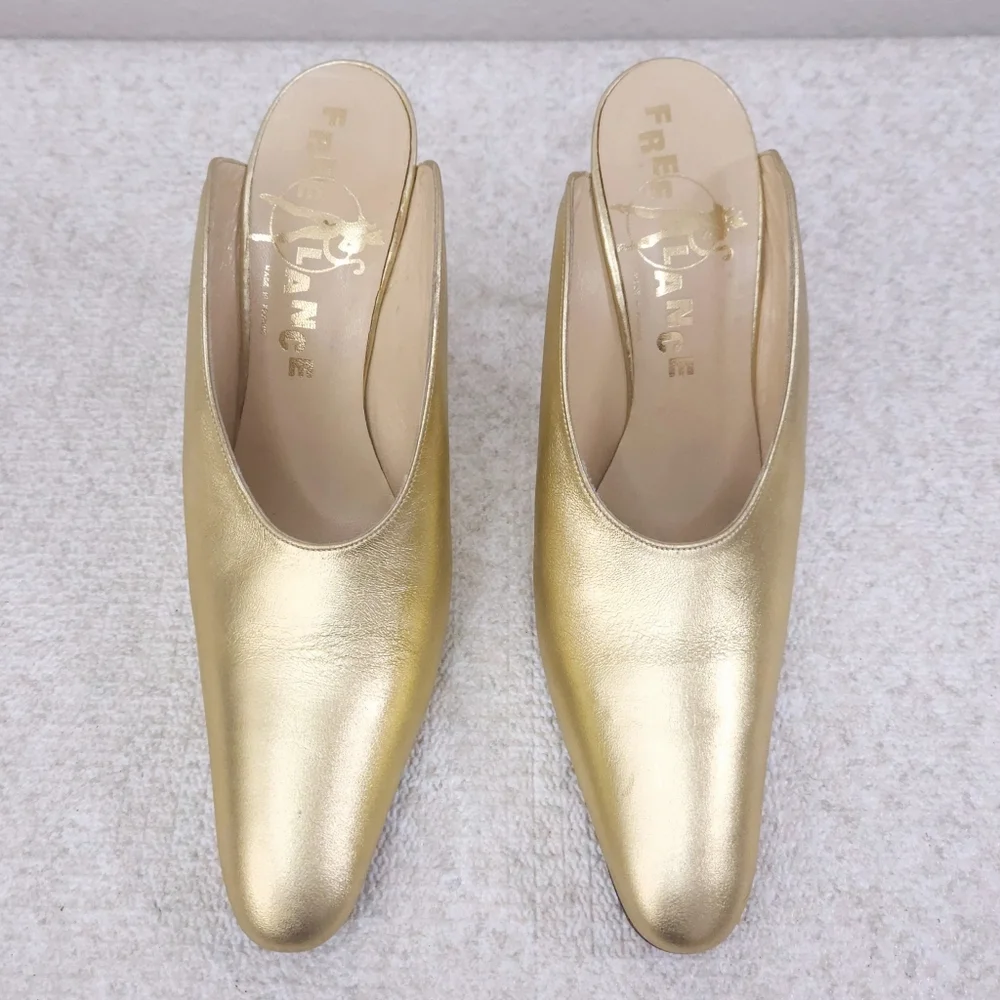 Vintage FREE LANCE Paris Mules Metallic Gold Leather Stiletto Heels Pumps EU 38 - Picture 6 of 12